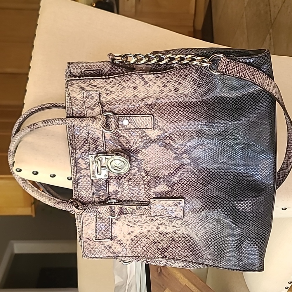 Michael Kors Snake Print Tote Satchel Handbag - Black, Grey, Taupe